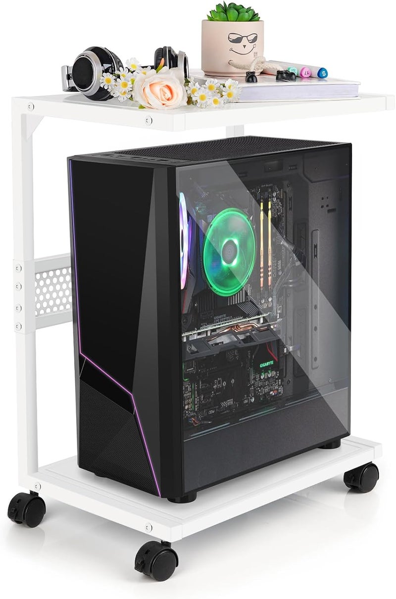 Bfttlity PC Stand Computer Tower Stand 2-Tier Metal CPU Holder with Locking Caster Wheels Suitable for Most PC (S,White) - Image 1